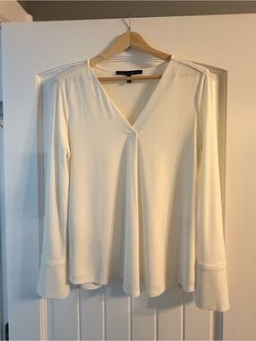 White House Black Market White V-Neck Long Sleeve Blouse